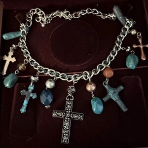 Silver Tone Charm Necklace with Cross Pendants 18" + 3"